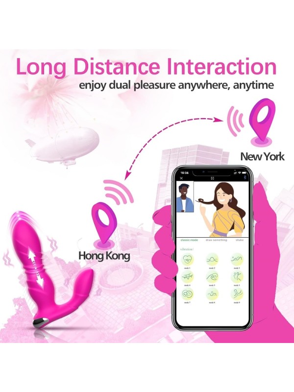 APP Wireless Remote Control 9 Vibrating Rabbit Ears 9 Thrusting Telescopic Wearable Dildo GM-315-1 