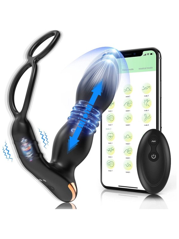 APP Wireless Remote Double Ring Wearable Retractable Prostate Orgasm Locking Cock Ring Massager Anal Butt Plug Dildo Vibrator GM-392-1 