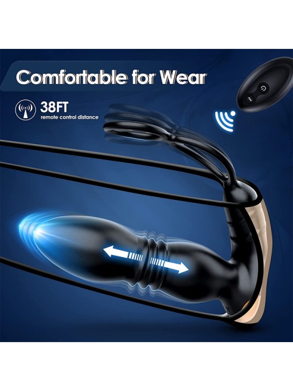 APP Wireless Remote Double Ring Wearable Retractable Prostate Orgasm Locking Cock Ring Massager Anal Butt Plug Dildo Vibrator GM-392-1 